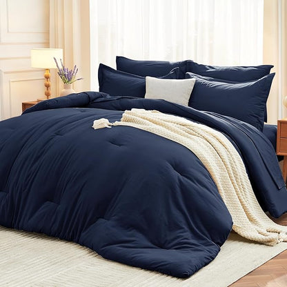 MUXHOMO 5 Pieces Twin XL Comforter Set, Soft Bed in a Bag Twin XL Size, All Season Bedding Set with Comforter, Flat Sheet, Fitted Sheet, Pillowcases & Shams, Navy Blue