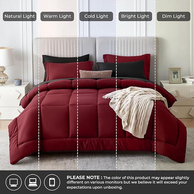 Sasttie Red & Black King Size Comforter Set, 7 Pieces Bed in a Bag King, Complete Bedding Set Includes Comforter, Flat Sheet, Fitted Sheet, Pillowcases and Pillow Shams, Burgundy