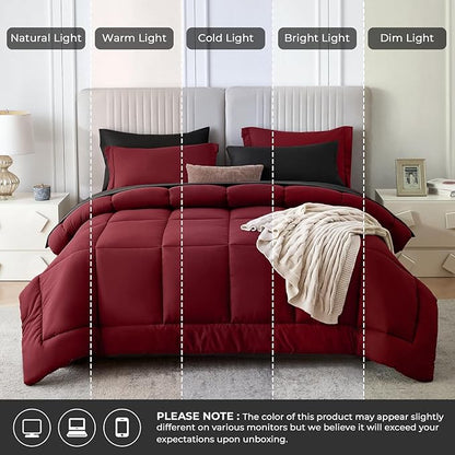 Sasttie Red & Black King Size Comforter Set, 7 Pieces Bed in a Bag King, Complete Bedding Set Includes Comforter, Flat Sheet, Fitted Sheet, Pillowcases and Pillow Shams, Burgundy