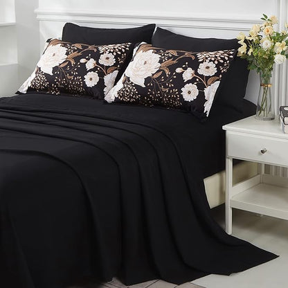 Yogeneg 5 Piece Bed in a Bag Twin Size Comforter Set Botanical Floral Bedding Set,White Flower Leaves Printed on Black Reversible Design,Soft Microfiber Comforter with Sheet Set,All Season(Black,Twin)