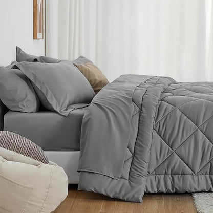Love's cabin King Size Comforter Set Grey, 7 Pieces King Bed in a Bag, All Season Bedding Sets with 1 Comforter, 1 Flat Sheet, 1 Fitted Sheet, 2 Pillowcase and 2 Pillow Sham