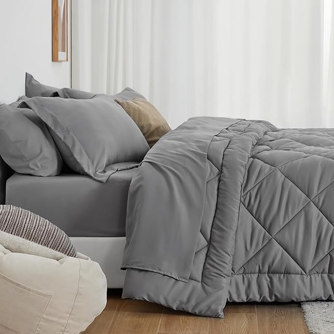 Love's cabin Twin XL Comforter Set Grey, 5 Pieces Twin XL Bed in a Bag, All Season Bedding Sets with 1 Comforter, 1 Flat Sheet, 1 Fitted Sheet, 1 Pillowcase and 1 Pillow Sham