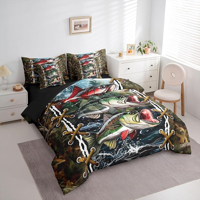 Erosebridal Camo Bedding Set Bass Pike Fish Comforter Set 7 Piece Bed in a Bag Twin | Mens Hunting Country Comforter and Sheet Set, Woodland Animals Camouflage Cabin Bed Sets,Rustic Farmhouse Decor