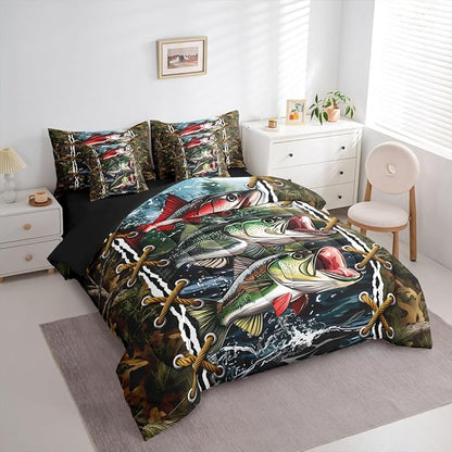 Camo Bedding Set Bass Pike Fish Bed in a Bag King Size Comforter Set 7 Pieces | Mens Hunting Country Comforter and Sheet Set, Woodland Animals Camouflage Cabin Bed Sets,Rustic Farmhouse Decor