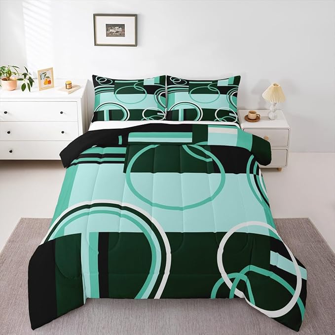 Retro Green Grey Black Comforter Twin Size Swirls Gromment Bedding Set for Kids Teens Adult Abstract Circles Rings Quilt Geometric Grid Duvet Insert Graphic Texture Quilted Comforter