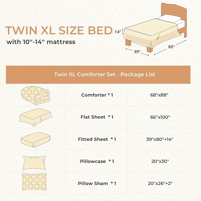 Sasttie Twin XL Comforter Set, 5-Piece Bed in a Bag, Pintuck Bedding Sets for All Season, Includes Comforter, Flat Sheet, Fitted Sheet, Pillowcase and Pillowsham, Ivory
