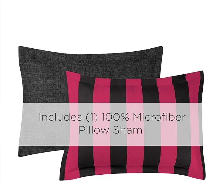 Juicy Couture Cabana Stripe Reversible Bedding Set - Twin/Twin XL Size - Black and Hot Pink Stripe Print - 5 Piece Set - Includes 1 66" x 90" Comforter, 3 Decorative Pillows, 1 Sham