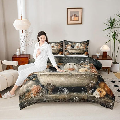 Erosebridal Halloween Vintage Ghost Comforter Set Full, Boho Floral Boho Bathtub Bedding Set for Kids Boys Girls Halloween Bedroom Decor, Mystical Ghost Cat Comforter, Spooky Bubble Bath Art Quilt