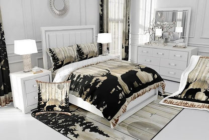 Feelyou Western Rustic Bear Deer Elk Comforter Set, Wooden Farmhouse Bedding Twin, Hunting Wild Animal Quilt Forest Wildlife Hunting Bedding Comforter Sets Kids Boys Teens Adult Men Bedroom Decor