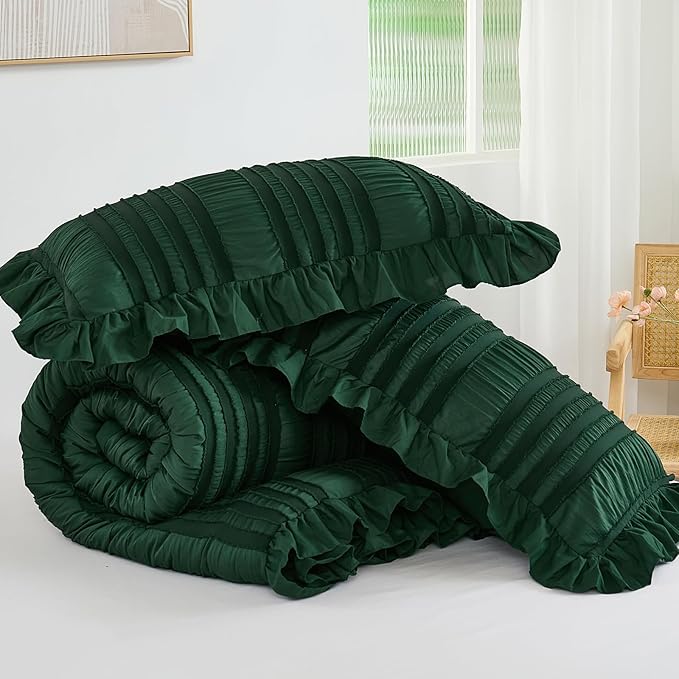 WONGS BEDDING King Size Comforter,Christmas Emerald Green Boho Comforter Set King,Shabby Chic Bedding Set for Bed, 3 Pieces Soft Lightweight Farmhouse Comforter for All Season 104"×90"