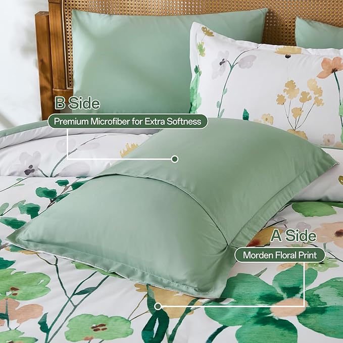 Anibedding 8Pieces King Size Comforter Set, Sage Green Watercolor Floral Queen Size Bed in a Bag Comforter Set with Pillowcase, Sheets for All Season