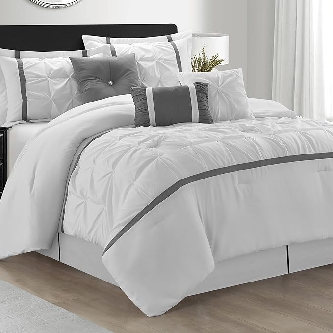 White Grey Comforter Set, California King, 7 Piece Bed in a Bag, Microfiber Handcrafted Pintucking, All Season Bed Set with Comforter, Bedskirt, Pillow Shams and Decro Pillows