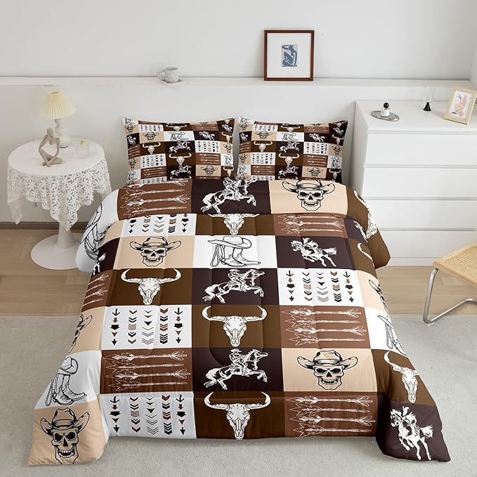 Feelyou Western Decor Bedding Set Twin Size Kids Wild Western Cowboy Comforter Set Horse Longhorn Skull Arrow Geometric Plaid Comforter for Room Decor Brown Duvet Set with 1 Pillow Case