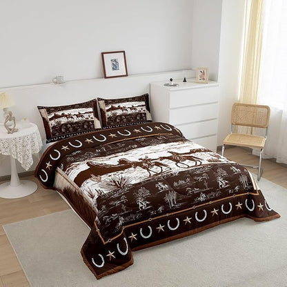 Feelyou Western Aztec Comforter Set Queen Size Horse Cowboy Bedding Set for Boys Men Kids Teens Rustic Western Decor Country Wild West Down Comforter Brown and White Duvet Set with 2 Pillowcase