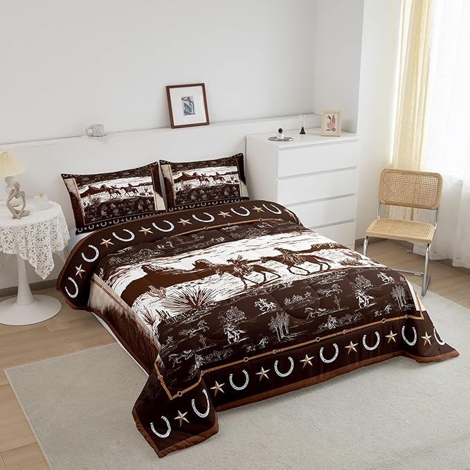 Feelyou Western Aztec Comforter Set Toddler Size Horse Cowboy Bedding Set for Boys Men Kids Teens Rustic Western Decor Country Wild West Down Comforter Brown and White Duvet Set with 1 Pillowcase