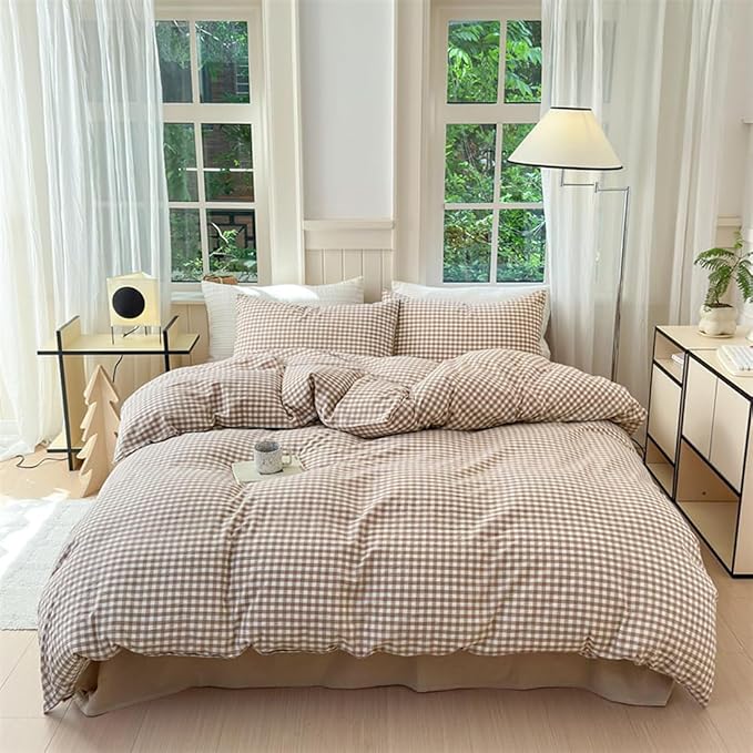 Nayoroom Brown Gingham Comforter Set Queen Size Tan Plaid Checkered Comforter 3 Pieces Soft Lightweight Grid Farmhouse Dorm Bedding Set for All Seasons