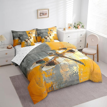 Erosebridal Hippie Dragonfly Bedding King Size 7-Piece Yellow Grey Oil Painting Comforter Set, Aesthetic Bed in a Bag (1 Comforter, 1 Fitted Sheet, 1 Flag Sheet, 2 Pillowcases, 2 Throw Pillow Covers)