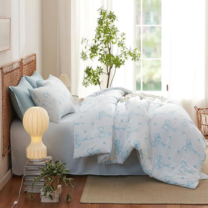 Comforter Set Full Size White - Blue Bow Quilt Bedding Set 3 Pieces, Comforter Set Full, Soft Lightweight Comforter(79‘’ x 90‘’) for Girl All Season & 2 Pillow Cases(30‘’x20‘’)