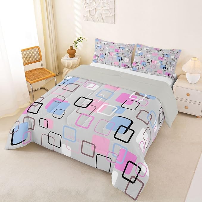 Erosebridal Pink Blue Geometric Square Comforter Set King Modern Abstract Striped Bedding Set Pastel Plaid Grid Comforter for Kids Girls Boys Aesthetic Gingham Checkered Quilt Duvet