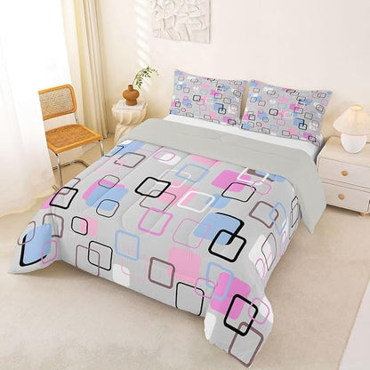 Erosebridal Pink Blue Geometric Square Comforter Set Full Modern Abstract Striped Bedding Set Pastel Plaid Grid Comforter for Kids Girls Boys Aesthetic Gingham Checkered Quilt Duvet