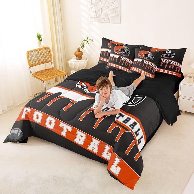 Erosebridal Football City 7 Pcs Comforter Set Full Football Bedding for Young Grey Orange Rugby Game Sheet Set Bed in A Bag Football Fans Room Decor Sports Ball Competition Quilt
