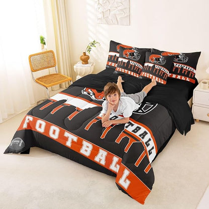 Erosebridal Football City 7 Pcs Comforter Set Full Football Bedding for Young Grey Orange Rugby Game Sheet Set Bed in A Bag Football Fans Room Decor Sports Ball Competition Quilt