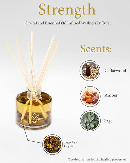 Crystal Infused Reed Diffuser, 4 OZ, Strength - Tiger Eye Crystal Infused - Scents of Cedarwood, Amber, & Sage - Home Decor, House Warming, Room, Stick Perfume, Shelf or Coffee Table