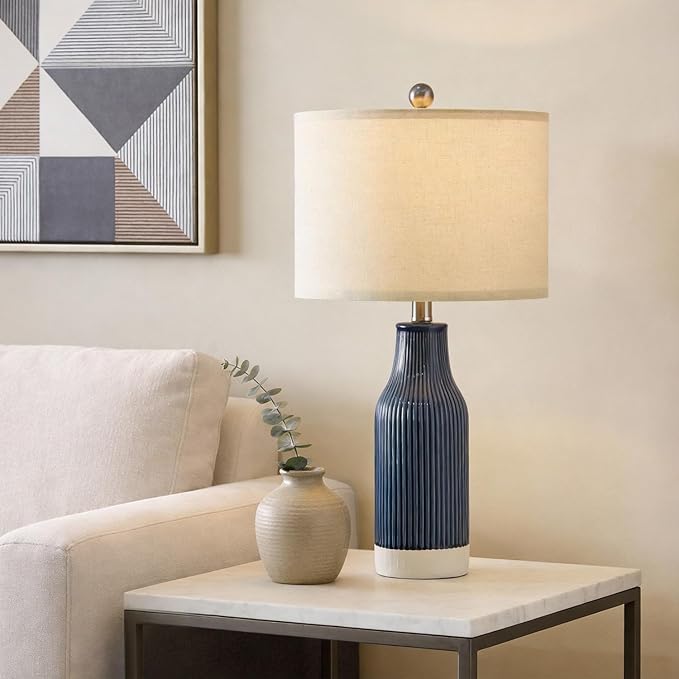23.75" Modern Ceramic Table Lamps Set of 2, Stylish Bedside Lamps for Bedroom, Gorgeous Lamps for Nightstand, Lamps for Living Room, Farmhouse End Table Lamps, Blue Home Decor