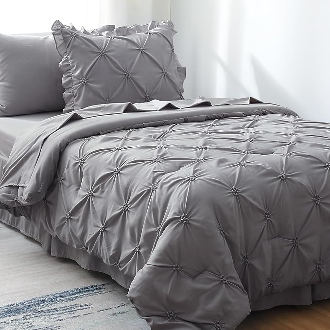 JOLLYVOGUE Gray Bed in a Bag Comforter Set for Bedroom, Pintuck Twin Size Comforter Sets 5 Pieces, Beddding Sets with Comforter, Sheets,Ruffled Shams & Pillowcases