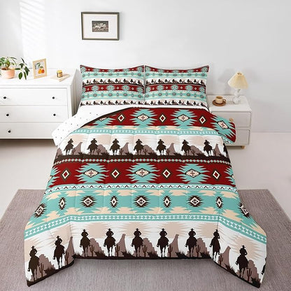 Feelyou Boho Comforter Set Full Size Horses Comforter Southwestern Native Aztec Bedding Set Farmhouse Wildlife Duvet Set Room Decor Light Blue Quilt Set