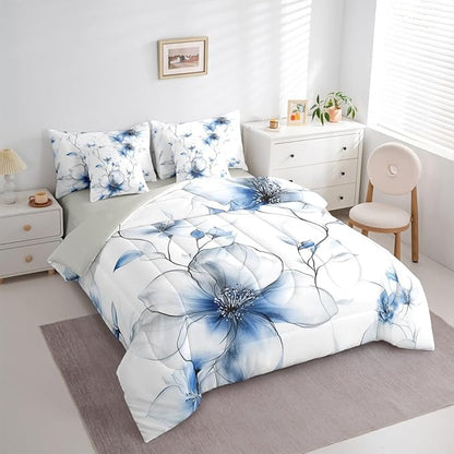 Erosebridal Bohemian Floral Queen Comforter Set with Sheets, Blue Flower 7 Pcs Bedding Set for Women Adults Girls, Chic Watercolor Flower Boho Bed Sets, Ink Painting Style Blossom & Leaf Bed in A Bag