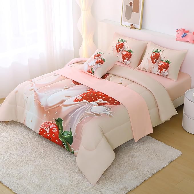 JQinHome Twin Strawberry Comforter Sets for Girls Kids Teens,6 Piece Bed in A Bag - All Season Soft Microfiber Strawberry Bedding Set with Sheet Sets (Pink)