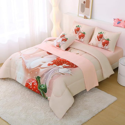 JQinHome Twin Strawberry Comforter Sets for Girls Kids Teens,6 Piece Bed in A Bag - All Season Soft Microfiber Strawberry Bedding Set with Sheet Sets (Pink)