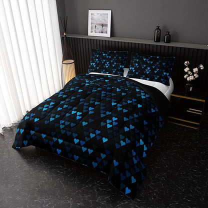 Geometric Blue Love Black Comforter Set,Blue Heart Honeycomb 3 PCS Bedding Set Twin Size for Teen Adult,Modern Quilt Set Geometry Decor,Microfiber Lightweight 1 Comforter 2 Pillowcases