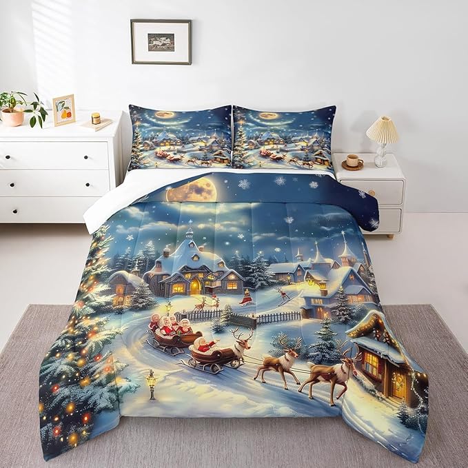 Christmas Santa Claus Comforter Set Full Size,Xmas Tree Elk Sledge Bedding Set 3Pcs,Winter Rustic Country Quilt Set Kids Girls Boys Room Decor,Night Snow Scenery Duvet Insert,2 Pillowcases