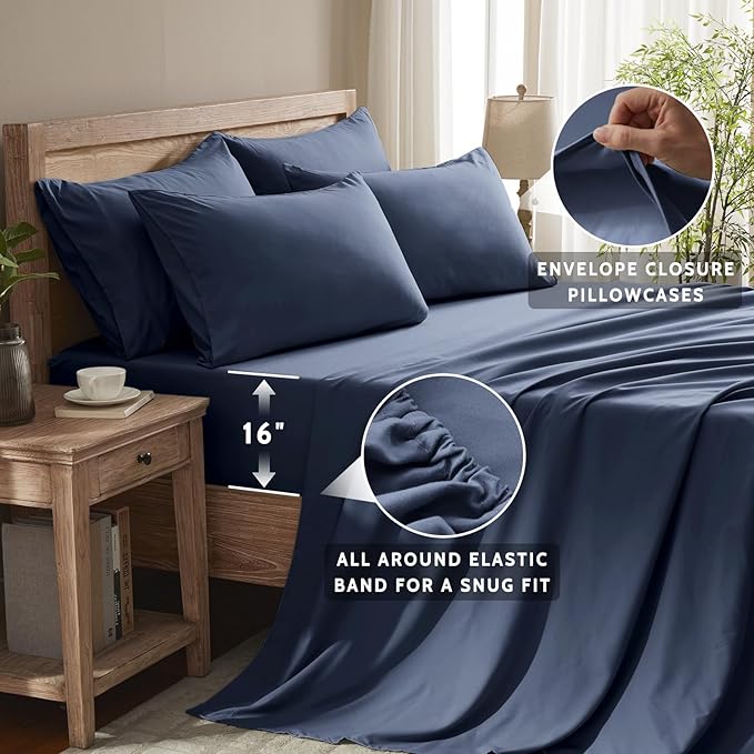 Queen Sheet Set - 6 Piece Sheets Queen Size Bed Set - Breathable & Cooling Hotel Luxury Bedding Set - Soft & Comfy Fully Elasticized 16" Deep Pocket Queen Sheets (Queen Navy Blue)
