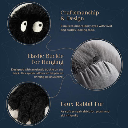 Phantoscope Happy Halloween Spider Shaped Throw Pillow, Faux Fur Fluffy Tarantula Shaped Halloween Cushion Pillow, Black, 9 x 16 inch