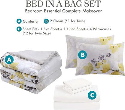 Madison Park Essentials Bed in A Bag - Trendy Casual Design Cozy Comforter with Complete Sheet Set with Side Pocket, All Season Cover, Matching Shams, Queen, Alexis, Leaf Yellow 9 Piece