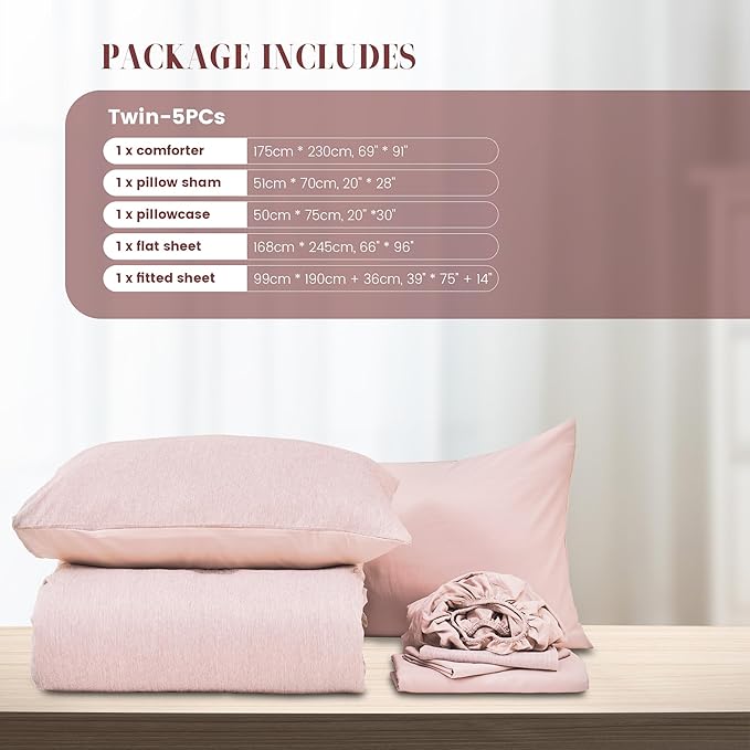 DECMAY Twin Comforter Set with Sheets, 5 Pieces Pink Twin Comforter Set, Cationic Dyeing Bed in a Bag Bedding Set with Comforter, Flat Sheet, Fitted Sheet, Pillowcase and Pillow Sham (Twin, Pink) | twin comforter set, twin bedding set, twin bed set