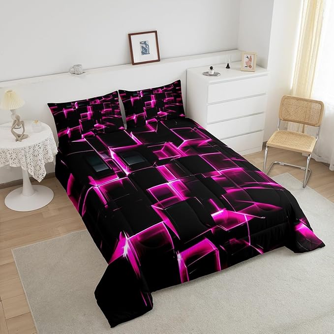 Erosebridal Honeycomb Square Comforter Set for Kids Girls 3D Geometric Square Bedding King, Pink Black Neon Lights Bedding Sets, Gradient Print Duvet Insert with 2 Pillow Cases