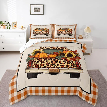 Fall Pumpkin Truck Comforter Set King Orange Rustic Farmhouse Buffalo Plaid Bedding Set Thanksgiving Harvest Season Comforter,Autumn Sunflower Maple Leaves Decorations For Home 2 Pillow Cases