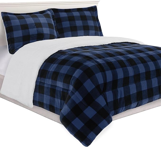 Elegant Comfort 3-Piece Buffalo Lodge-Plaid Comforter Set, Luxurious, Heavyweight, All Season, Down Alternative-Micromink Sherpa-Backing Reversible Micro-Suede, Soft and Plush, King, Blue