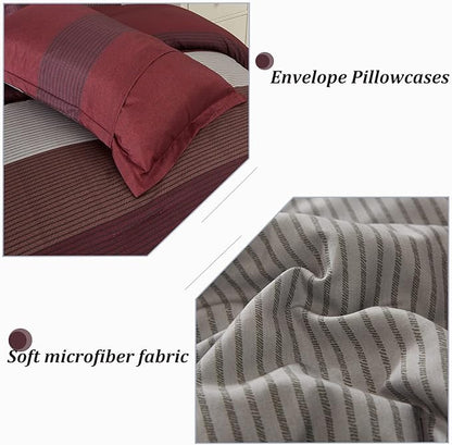 WONGS BEDDING Burgundy Comforter Set Queen, Reversible Burgundy Stripe Down Alternative Comforter for All Season,3 Pieces(1 Comforter+2 Pillowcases), Soft Microfiber Bedding Duvet Set 90”×90”