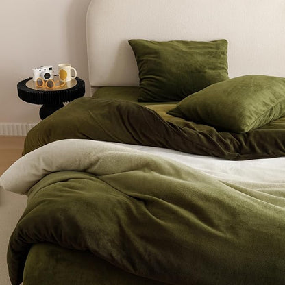 Cottonight Velvet Fluffy Comforter Full Dark Green Gradient Plush Flannel Bedding Set Women Men Thick Warm Winter Blanket Quilts Sherpa Micromink Ink Color Plush Fashion Bedding