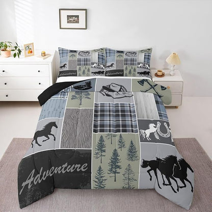 Erosebridal Rustic Farmhouse Comforter Set, Western Horse Bedding Twin for Kids Teens Adult, Farm Animal Horseshoe Quilt Western Decor for Home, Riding Boots Forest Grid Patchwork Duvet Sets, Blue