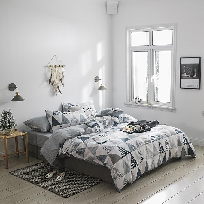 mixinni Full Comforter Sets Men Modern Style Gray Blue Triangle Bedding for Boys Teen Gilrs Geometric Comforter Bed Fluffy-Full Size