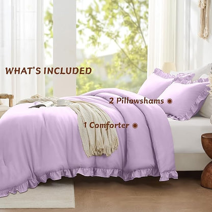 FUANNA Full Size Comforter Sets Lavender, 3 Pieces Ruffle Full Size Bedding Sets, Fluffy Bed in a Bag Full for All Seasons, Shabby Chic Full Bed Set with 1 Lightweight Comforter & 2 Pillowshams