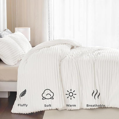 Andency Full Size Comforter Set, White Fluffy 3 Pieces, Super Soft Warm Fleece Faux Fur Bedding Set, Luxury Fuzzy Heavy Bed Set for Winter (1 Comforter & 2 Pillowcases)