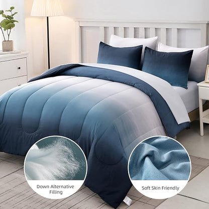 Anibedding Gradient Comforter Set Full Size 6 Pieces Ombre Navy Blue Bed in a Bag Complete Bedding Set - Breathable Solid Ocean Sea Blue Bed Sets with Flat/Fitted Sheet
