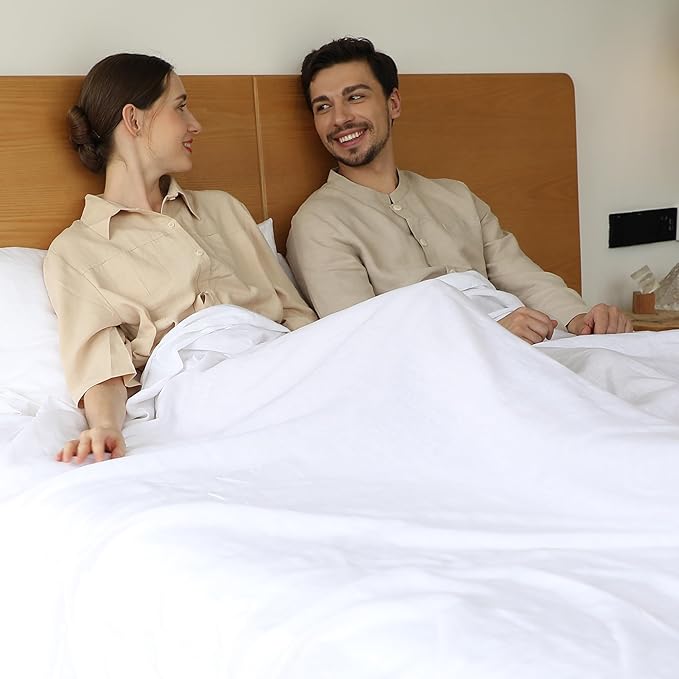 Simple&Opulence Belgian Linen Sheet Set Solid Color - 4 Pieces (1 Flat Sheet, 1 Fitted Sheet & 2 Pillowcases) Natural Flax Cotton Blend Soft Breathable Farmhouse Bedding - Queen Size, White